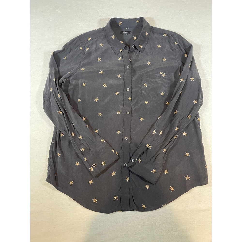 Rails Kate Noir Animal Stars Silk Button Down Shirt Black Gold Leopard Zebra M
